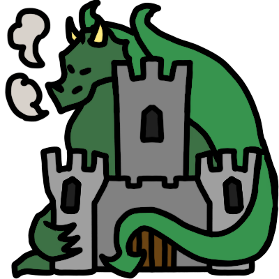 A green Western dragon curled around a castle, puffing smoke.